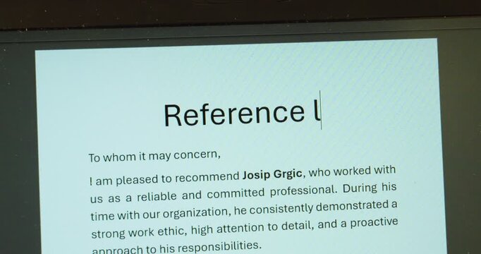 Close-up of a laptop displaying a professional reference letter in English while text is being typed, highlighting hiring and workplace credibility. Ideal for HR, recruitment, job applications, employ