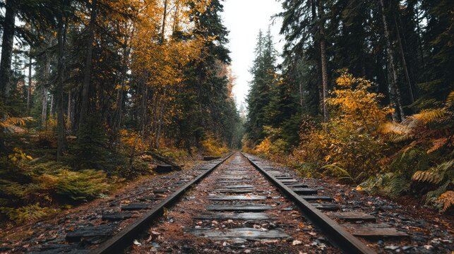 Train tracks through a forest in nature