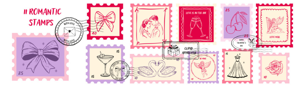 Whimsical Valentine stamps. Hand drawn postmarks, love letter stickers and doodle labels with bows, hearts, cupids and wedding elements. 