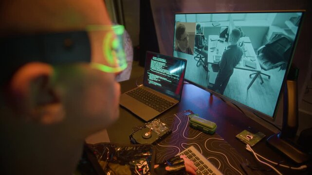 Close up shot of futuristic Caucasian man in virtual reality glasses sitting in front of computer screen with surveillance footage in neon cyberpunk office