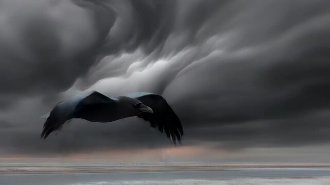 A dark crow soars with wings spread against a cloudy sky over a distant shoreline