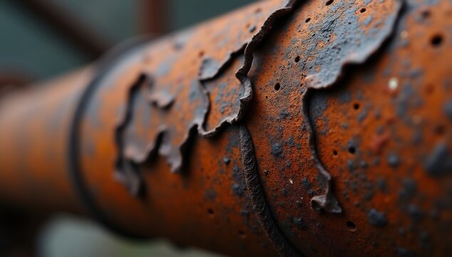 Close-up of a heavily rusted metal pipe with peeling paint.