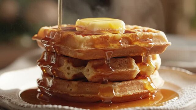 Stack of golden waffles with syrup and butter on white plate