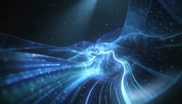 Abstract blue light energy wave glow motion background, futuristic technology data network tunnel, vortex streams forming glowing lines and particle dust, digital space depth, innovation concept