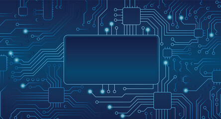 Abstract blue digital circuit board background with microchip technology elements