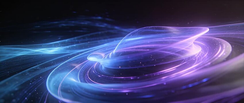 Abstract energy vortex ring with neon purple blue light waves flowing across dark space, swirling plasma trails and particle streaks, futuristic galaxy motion background for technology design