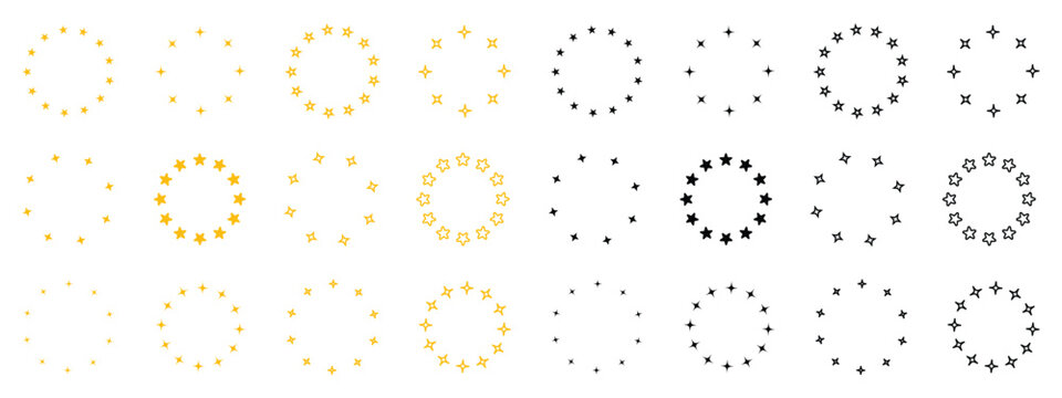 Stars of various sizes arranged in circle.Decorative round border with star pattern. Stars in round circular emblem. Stars in circle icon vector.