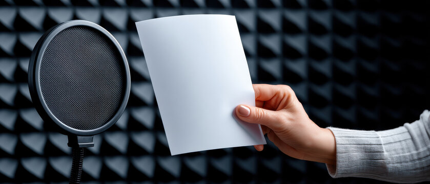 Professional voice actor holding script in soundproof studio with microphone pop filter