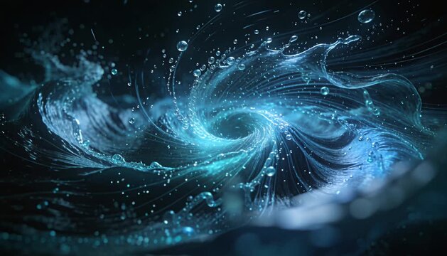 Abstract water swirl vortex bubble, blue light energy, fluid motion forming luminous spiral with droplets, splash wave, glowing particles on dark background for futuristic power design
