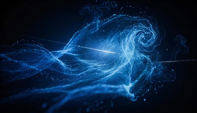 Abstract blue energy light wave particle swirl motion glow background, futuristic lightenergy stream with sparkling dust, soft bokeh, dynamic curve in dark space, technology flow, science design