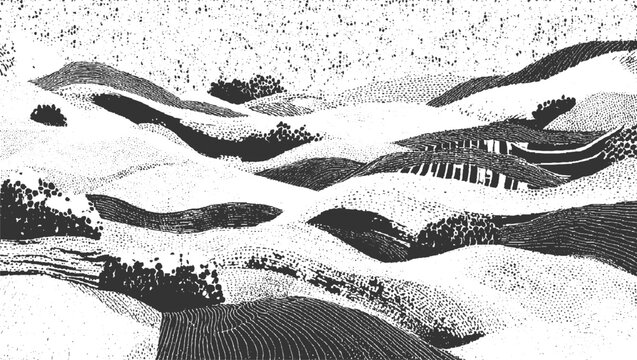 Stylized monochrome landscape with rolling hills and textured foliage black white