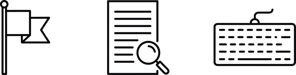 Minimal business line icons set with flag document search magnifier and keyboard symbols isolated on white background