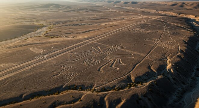 Ancient Nazca Lines geoglyphs in the Peruvian desert from aerial view