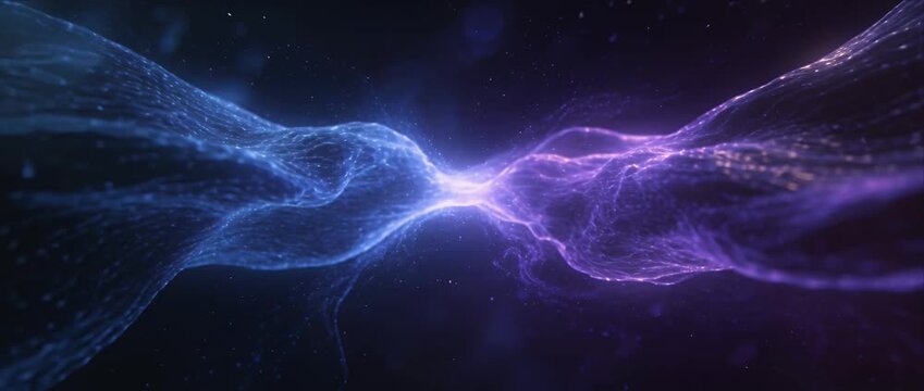 Abstract energy light wave particle glow connection, blue purple background with flowing plasma fiber stream, cosmic nexus, nebula dust, star field, sparkling particles, futuristic technology concept