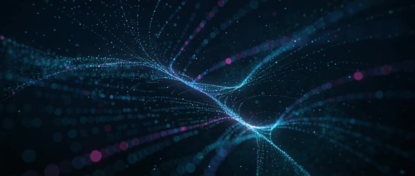 Abstract data stream particle wave lightenergy network technology background flowing blue dots and neon line in dark space suggesting motion signal connection futuristic digital communication design