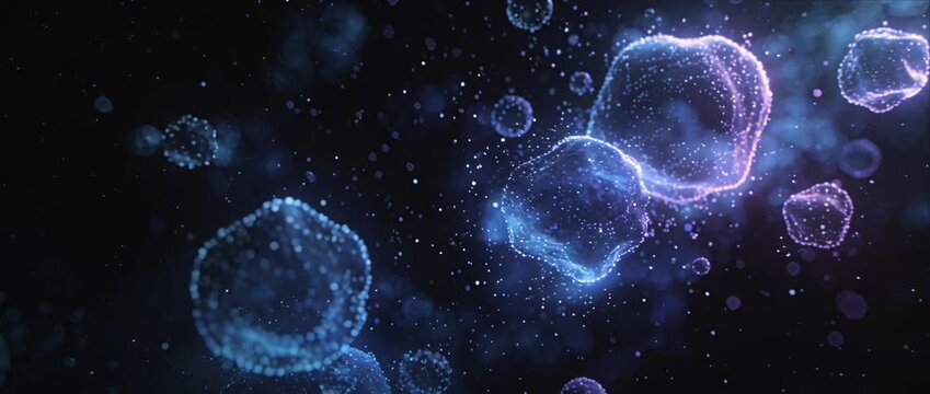 Abstract cell bubble particle plasma molecule, glowing blue purple lightenergy floating through dark space, luminous dust bokeh, microscopic science technology background, futuristic motion texture