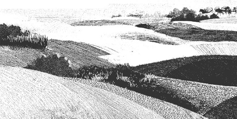 Fototapeta premium Black and white stippled landscape of rolling hills and fields with trees in the distance