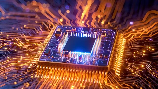 Quantum AI motion clip. Close-up of a microchip on a circuit board, showcasing intricate designs and vibrant lighting effects.