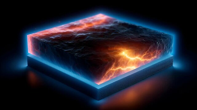 Quantum AI motion clip. Stunning digital artwork of a glowing, fiery surface with vibrant, electric patterns creating a mesmerizing effect.