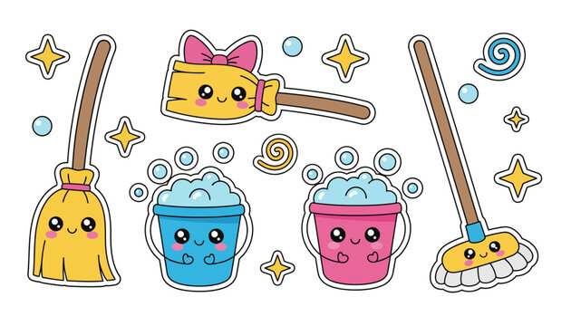 Kawaii cleaning supplies including brooms, mops, and buckets with bubbly soap, surrounded by sparkles and swirls.