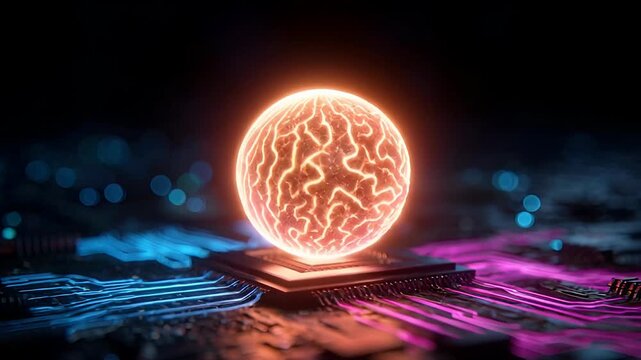 Quantum AI motion clip. A vibrant digital sphere representing advanced technology, glowing against a modern microchip background in a futuristic setting.