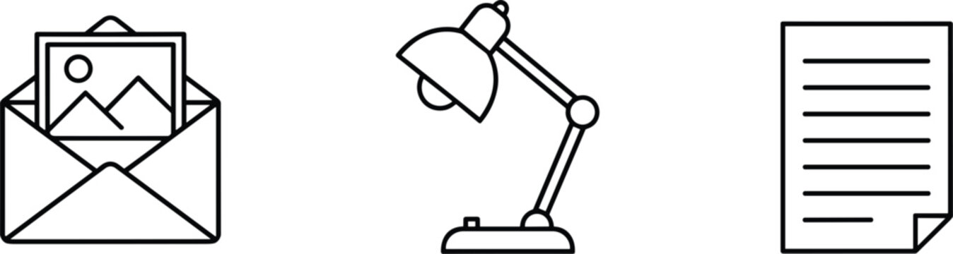 Minimal line icon set of email message desk lamp and document symbols for web interface design