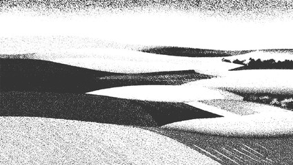 Obraz premium Monochromatic stippled landscape with rolling hills and distant trees monochrome black