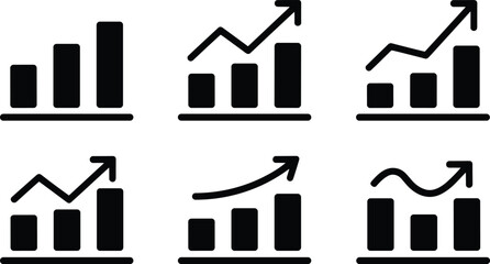 Five black bar charts with upward trending arrows white