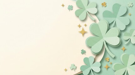 Mint green paper shamrocks and gold stars form a St. Patrick's Day paper-cut background with soft lighting.