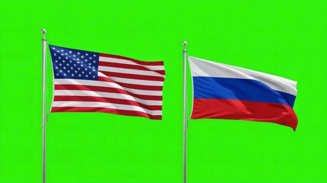 USA and Russia National Flags Waving on Flagpoles Isolated on Green Screen