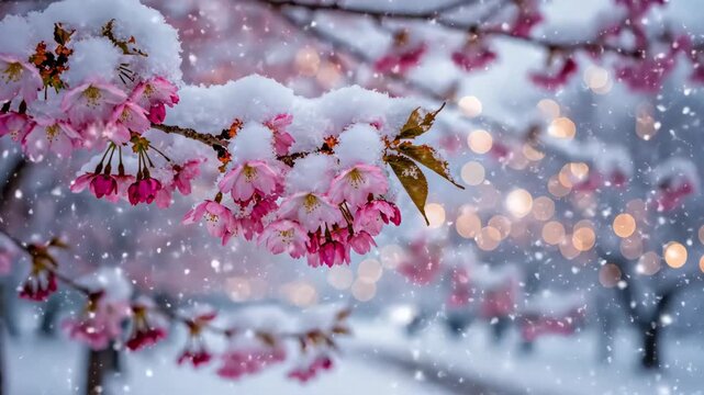 Beautiful pink cherry blossoms covered in fresh white snow during winter snowfall with bokeh