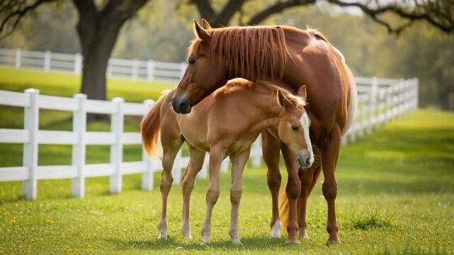 Peaceful Horse Farm Scene: A Mother Horse and Baby Foal