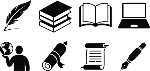 Black and white of writing and education tools feather