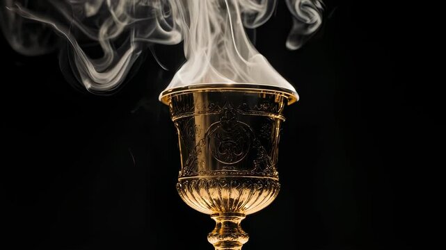 Golden ornate goblet exhaling wispy smoke against a dark background, elegant and mysterious