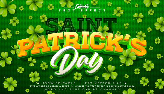 Saint Patrick's Day Text Effect Design Editable Vector Graphic Style with Yellow and White 3D Typography Lettering and Falling Shamrocks on Green Pattern Background. Irish Traditional St. Patricks Luc