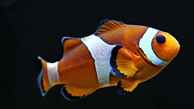 Vibrant orange clownfish swimming against a dark background