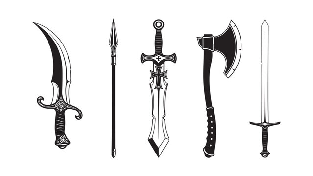 Medieval Weapons Set with Swords, Axe, and Dagger in Flat Design Vector Illustration