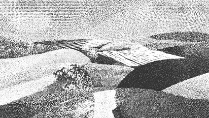 Fototapeta premium Black and white stippled landscape with rolling hills and textured fields