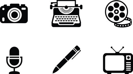 Black and white of camera, typewriter, reel, microphone, pencil, and television