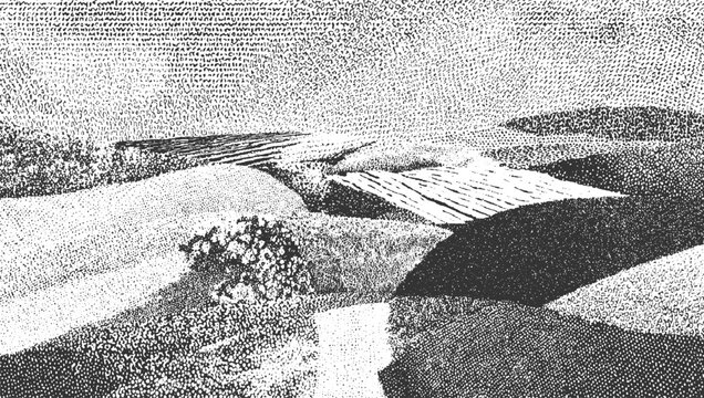 Black and white stippled landscape with rolling hills and textured fields