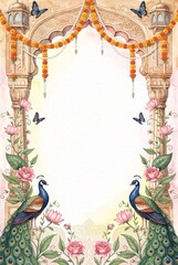 Watercolor Indian Wedding Invitation Frame Mughal Arch Peacocks