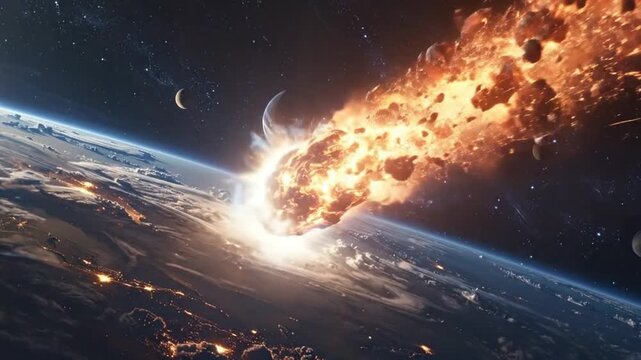 Dramatic space scene featuring a large asteroid impacting Earth, creating a fiery explosion.