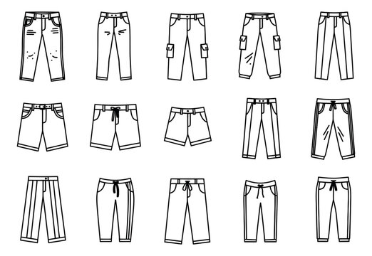 Line art clothing set featuring various styles of pants and shorts for fashion design