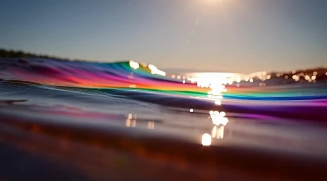 Prismatic spectrum on water surface crest at sunrise