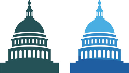 Fototapeta premium Minimalist capitol building dome icons in teal and bright blue representing government and legislative power.