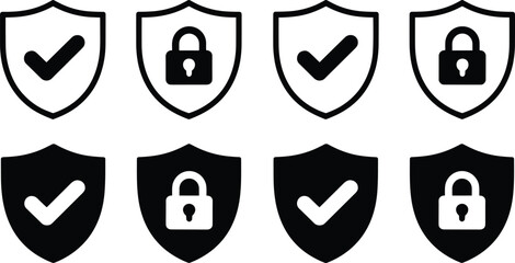 Six shields with checkmarks and padlocks in black and white
