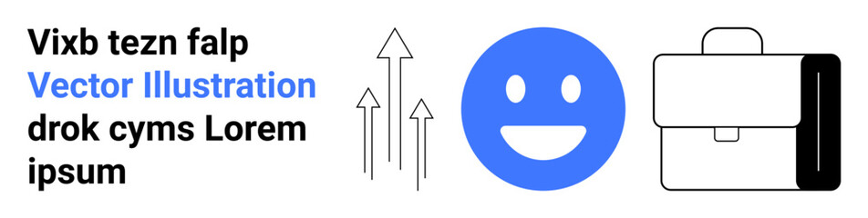 Fototapeta premium Business development, positivity, work-life balance, career growth, office tools, productivity. Blue smile emotion, black arrows and briefcase icon. Business growth and positivity concept