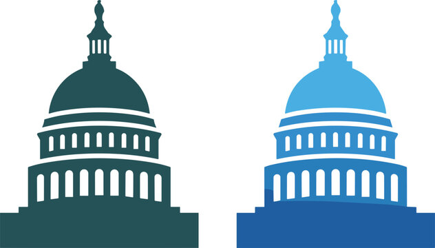 Minimalist capitol building dome icons in teal and bright blue representing government and legislative power.