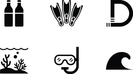 Black and white of alcohol bottles, bananas, cigarette, snorkeling gear, and underwater scene