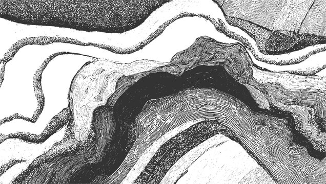 Detailed black and white cross section of geological strata showing rock layers and textures monochrome